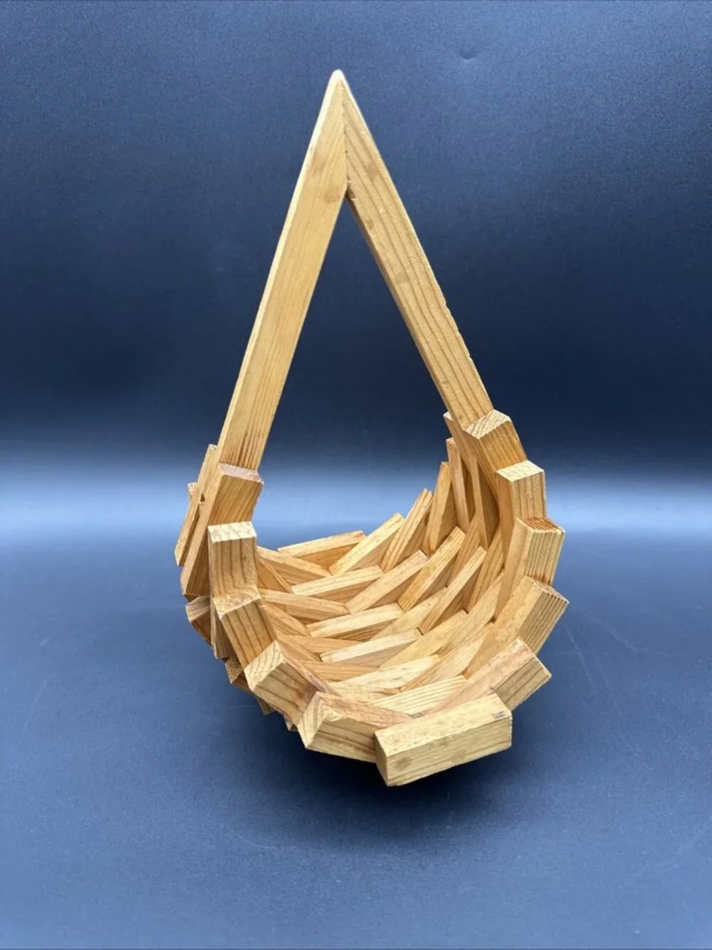 Vintage Mid-Century Modern Geometric Block Wood Teardrop Basket Planter Catchall